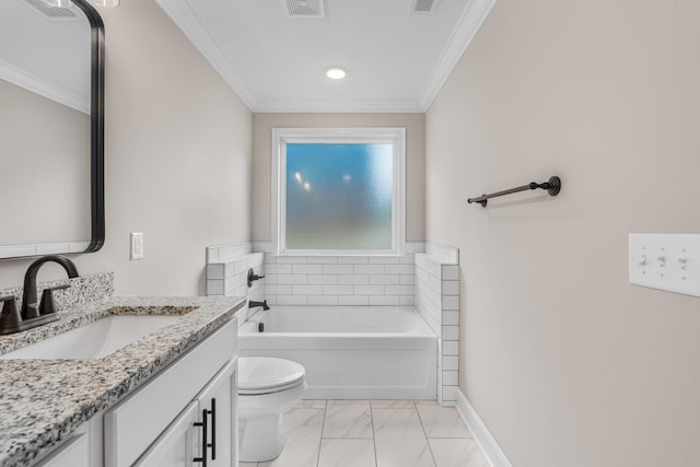 bathroom with vanity, toilet, a tub, and crown molding