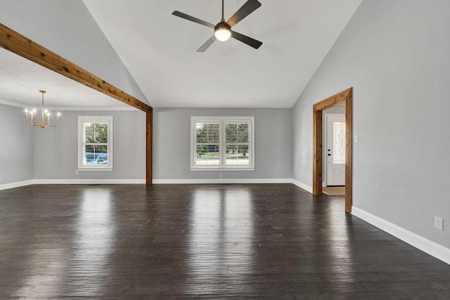 unfurnished room with dark wood-style flooring, ornamental molding, high vaulted ceiling, baseboards, and ceiling fan with notable chandelier