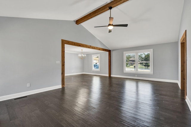 unfurnished living room featuring baseboards, visible vents, lofted ceiling with beams, dark wood-style flooring, and ceiling fan with notable chandelier