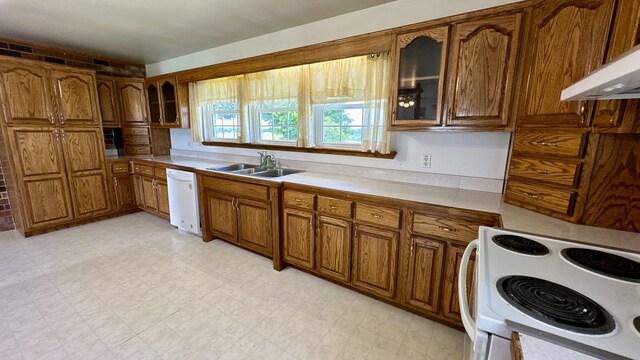 kitchen with sink, white appliances, and ventilation hood