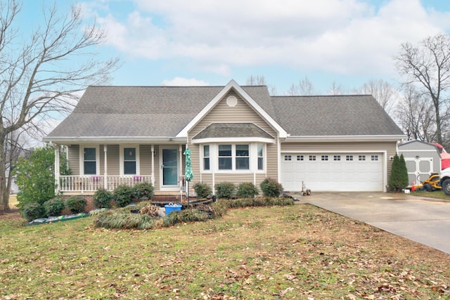 single story home with a porch, a garage, and a front lawn