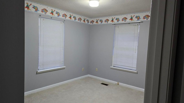 spare room with light carpet and a textured ceiling