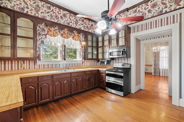 kitchen with dark brown cabinets, stainless steel appliances, light hardwood / wood-style flooring, and sink