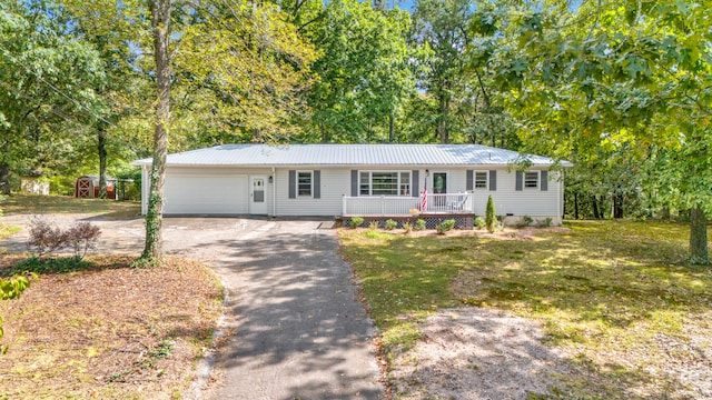 single story home with a garage and a front lawn