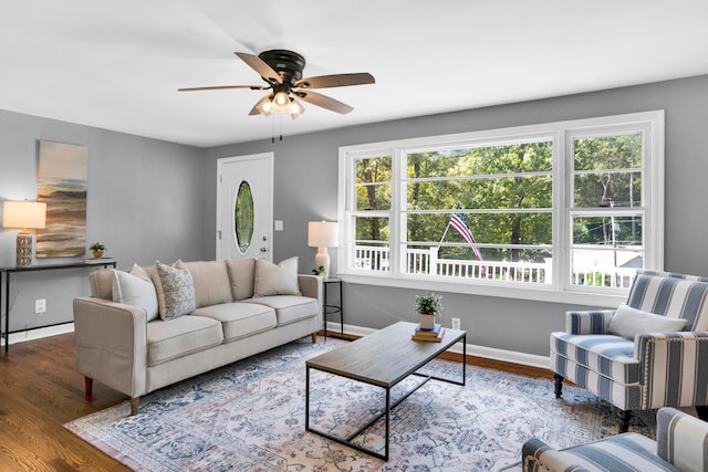 living room with ceiling fan and dark hardwood / wood-style flooring