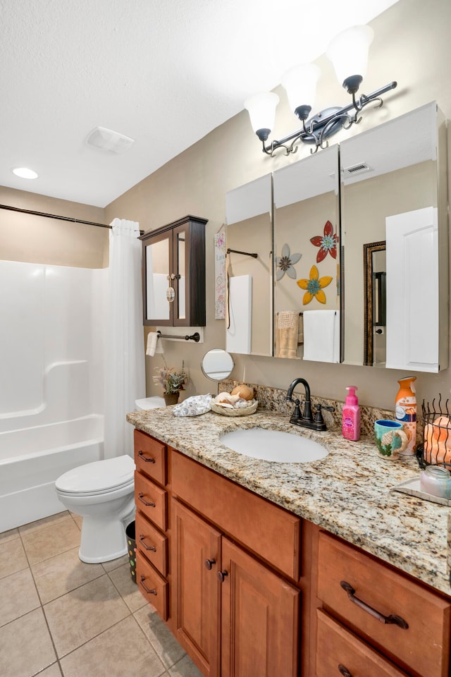 full bathroom featuring toilet, shower / tub combo, vanity, and tile patterned floors