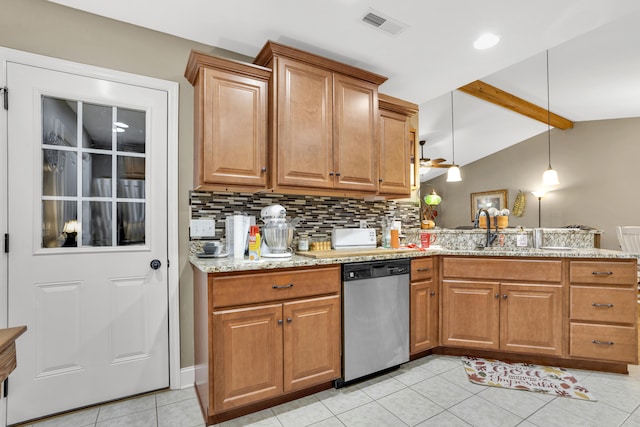 kitchen with dishwasher, lofted ceiling with beams, sink, light stone countertops, and decorative light fixtures