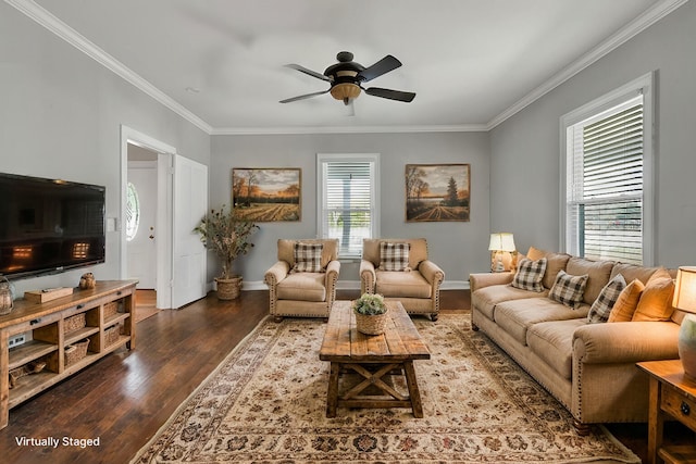 living room with crown molding, ceiling fan, and wood-type flooring