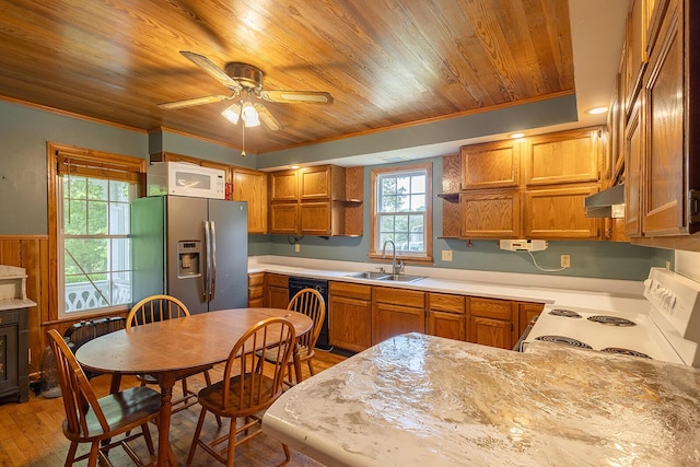 kitchen with white appliances, a sink, a ceiling fan, brown cabinetry, and wood ceiling