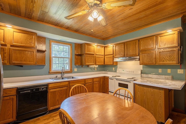 kitchen with black dishwasher, a sink, double oven range, open shelves, and under cabinet range hood