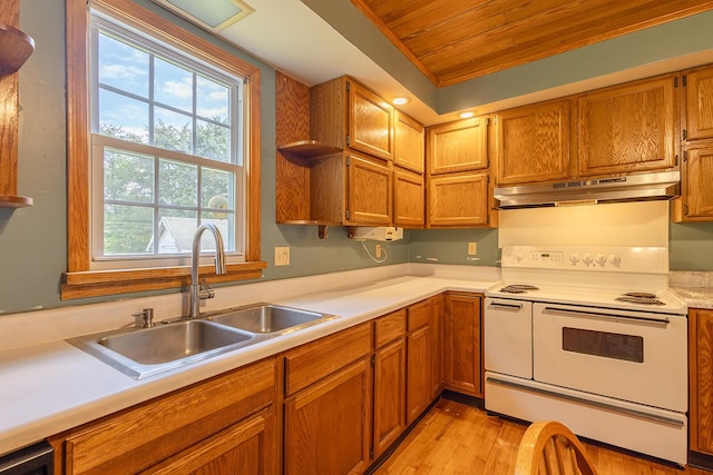 kitchen featuring double oven range, under cabinet range hood, a sink, wooden ceiling, and light countertops