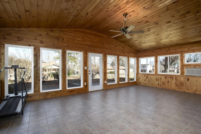 unfurnished sunroom with vaulted ceiling, wooden ceiling, and a ceiling fan