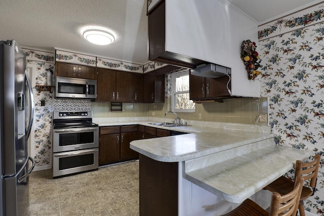 kitchen featuring stainless steel appliances, a sink, a peninsula, and dark brown cabinets