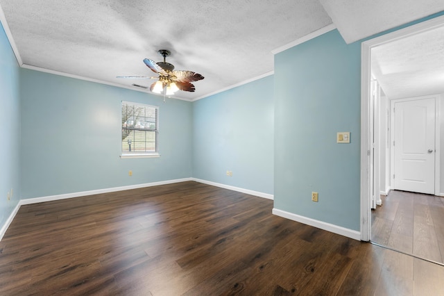 empty room with dark wood-type flooring, ceiling fan, crown molding, and a textured ceiling