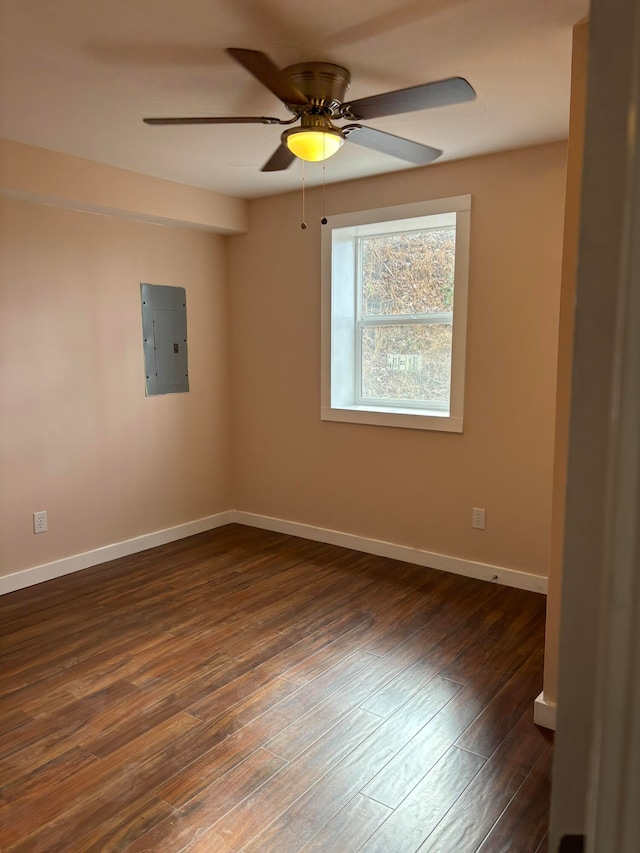 unfurnished room featuring ceiling fan, dark wood-type flooring, and electric panel