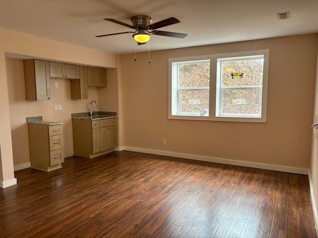 kitchen featuring ceiling fan, sink, and dark hardwood / wood-style floors