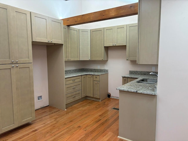 kitchen featuring light stone counters, light wood-type flooring, and sink