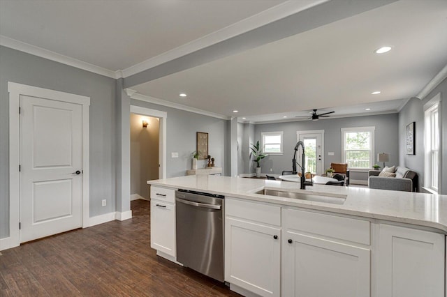 1318 Unity Dr NE, Cleveland, TN 37312 - kitchen featuring dishwasher, a sink, dark wood finished floors, crown molding, and open floor plan