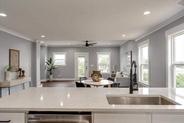 1318 Unity Dr NE, Cleveland, TN 37312 - kitchen with a sink, open floor plan, ornamental molding, white cabinets, and recessed lighting