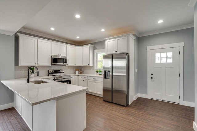 1318 Unity Dr NE, Cleveland, TN 37312 - kitchen featuring appliances with stainless steel finishes, crown molding, a sink, a peninsula, and backsplash
