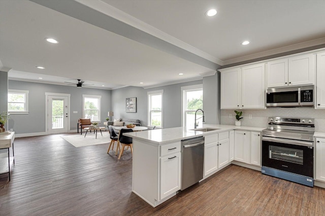 1318 Unity Dr NE, Cleveland, TN 37312 - kitchen featuring appliances with stainless steel finishes, a sink, crown molding, open floor plan, and dark wood-style flooring