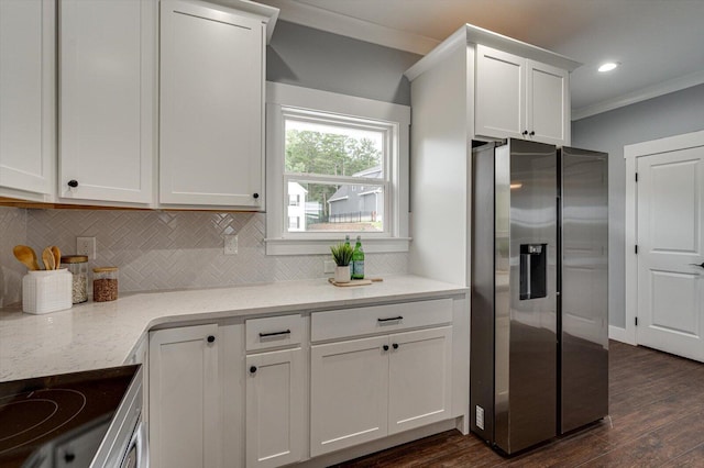 1318 Unity Dr NE, Cleveland, TN 37312 - kitchen featuring stainless steel fridge, ornamental molding, backsplash, dark wood-style floors, and white cabinets