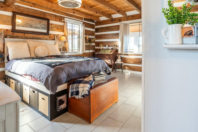 bedroom featuring wood walls, wooden ceiling, multiple windows, and beam ceiling