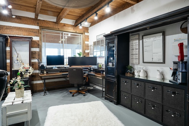 office area with wood ceiling and beam ceiling