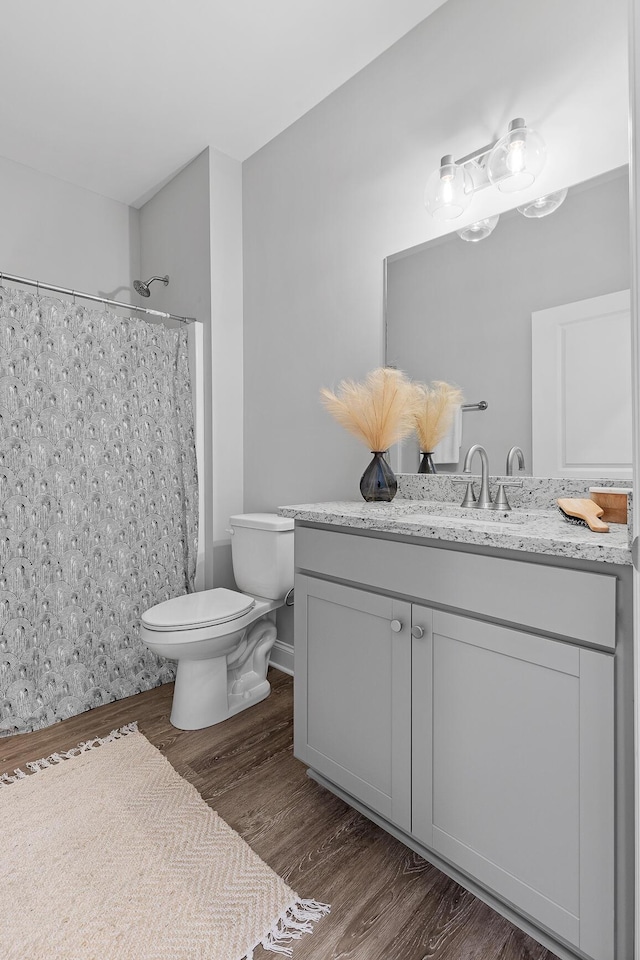 bathroom featuring vanity, hardwood / wood-style flooring, toilet, and curtained shower