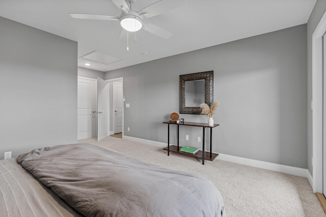 bedroom with ceiling fan and light colored carpet