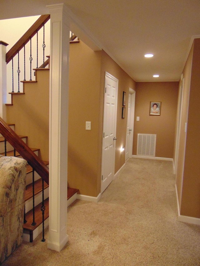 668 Mount Zion Rd NW, Georgetown, TN 37336 - corridor featuring carpet, baseboards, stairway, and recessed lighting