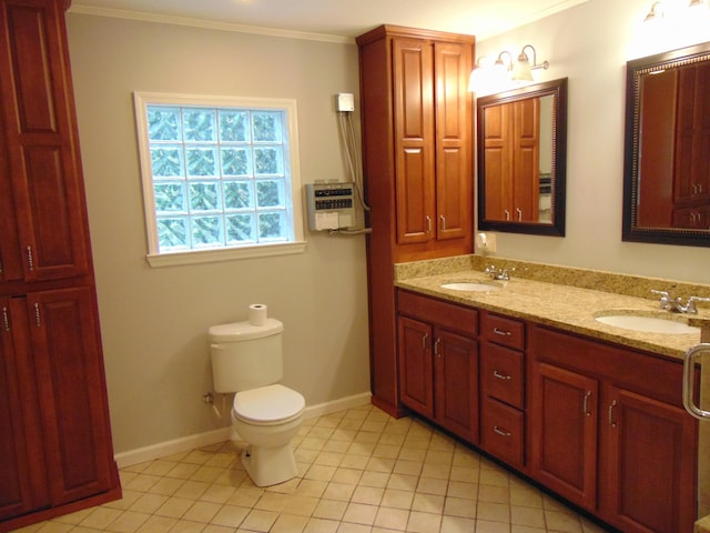 668 Mount Zion Rd NW, Georgetown, TN 37336 - bathroom featuring double vanity, tile patterned flooring, ornamental molding, and heating unit