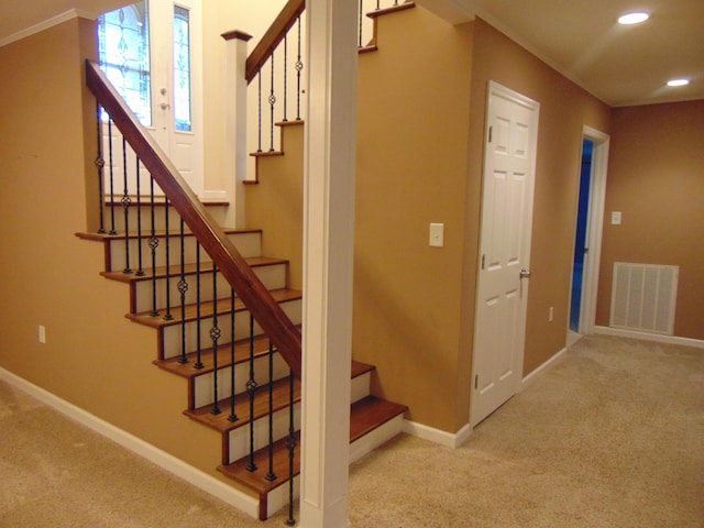 668 Mount Zion Rd NW, Georgetown, TN 37336 - staircase with carpet flooring, recessed lighting, and crown molding