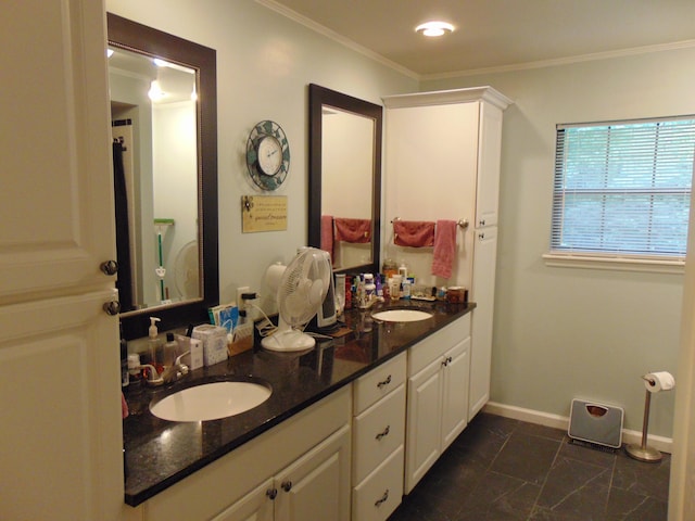 668 Mount Zion Rd NW, Georgetown, TN 37336 - bathroom featuring baseboards, double vanity, marble finish floors, and crown molding