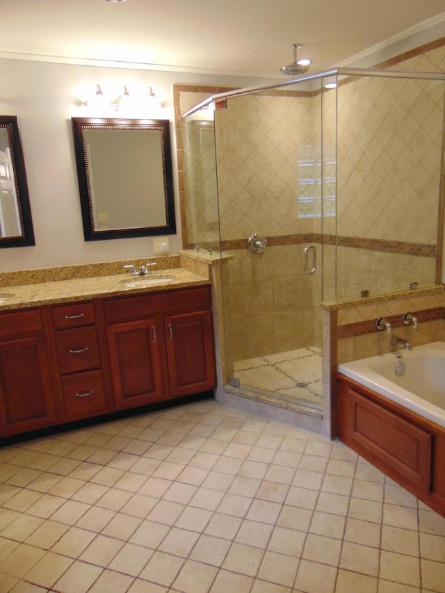 668 Mount Zion Rd NW, Georgetown, TN 37336 - full bath with a stall shower, double vanity, a bath, and ornamental molding