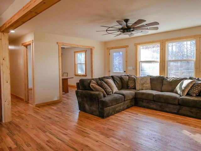 living room featuring ceiling fan and light wood-type flooring