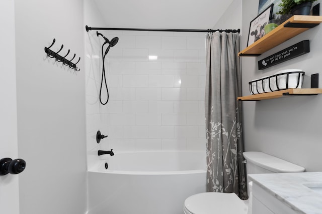 full bathroom with shower / tub combo, vanity, and toilet