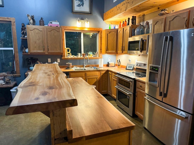 kitchen with wood ceiling, sink, stainless steel appliances, and wooden counters