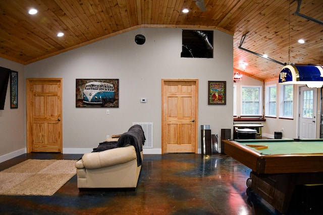 playroom with high vaulted ceiling, wooden ceiling, and billiards