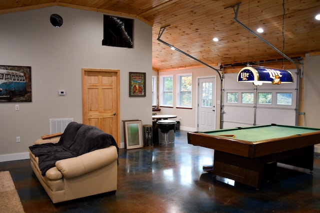 rec room featuring high vaulted ceiling, pool table, and wood ceiling