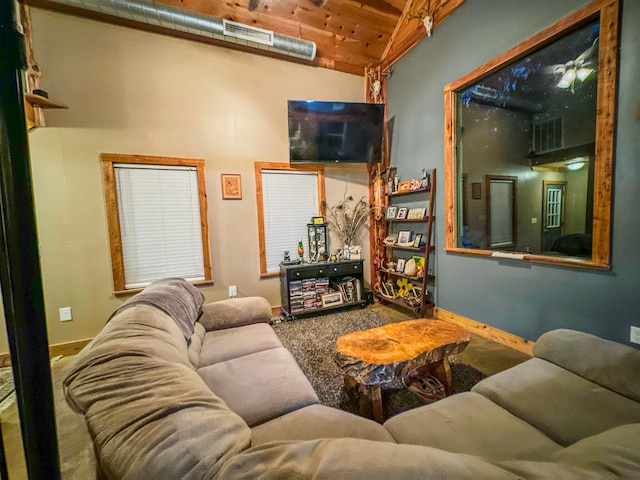 living room featuring wooden ceiling