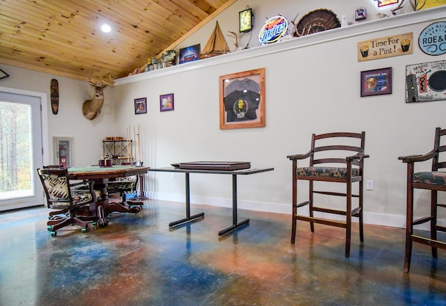 dining room with wood ceiling and lofted ceiling