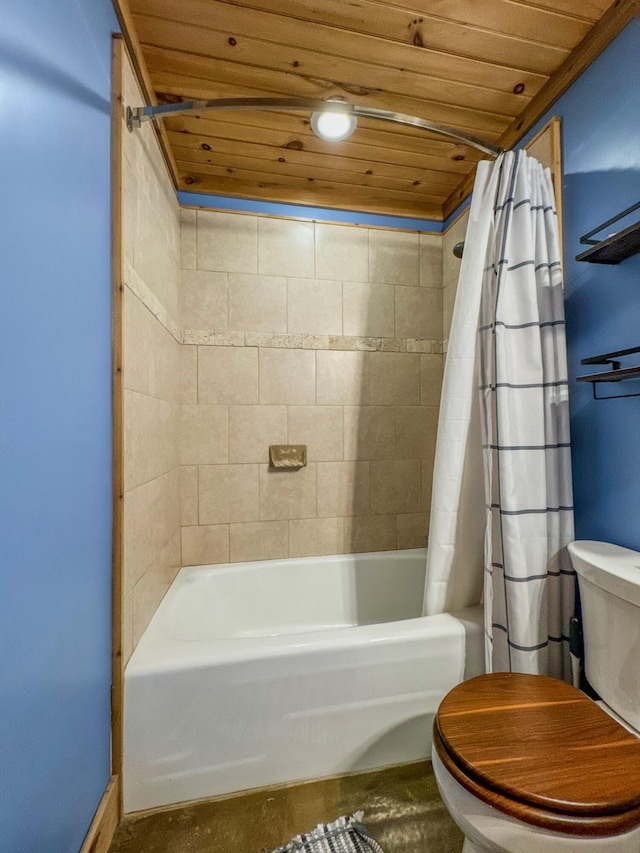 bathroom with shower / bath combo with shower curtain, wood ceiling, and toilet