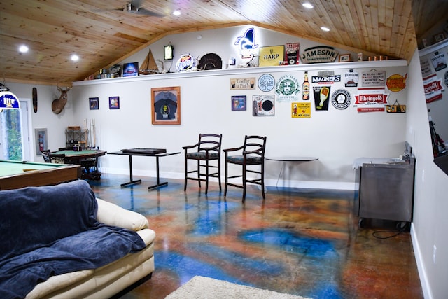 playroom featuring lofted ceiling, ceiling fan, wooden ceiling, and billiards