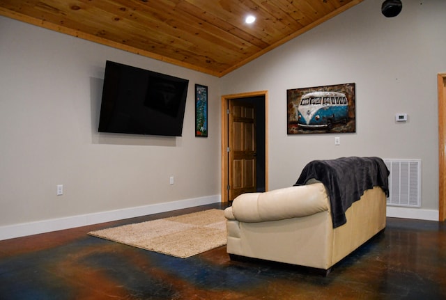 living room featuring dark hardwood / wood-style flooring, lofted ceiling, and wood ceiling