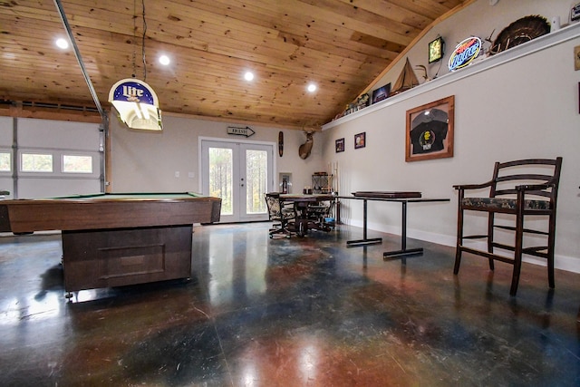 playroom with french doors, lofted ceiling, wooden ceiling, and billiards