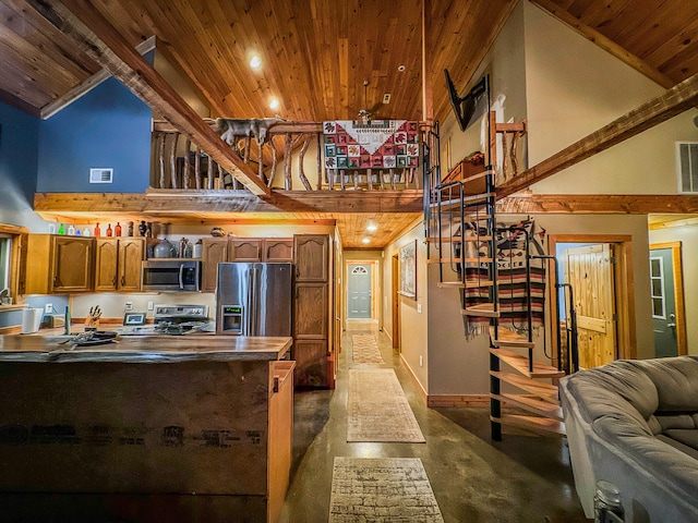 kitchen with wood ceiling, high vaulted ceiling, and stainless steel appliances