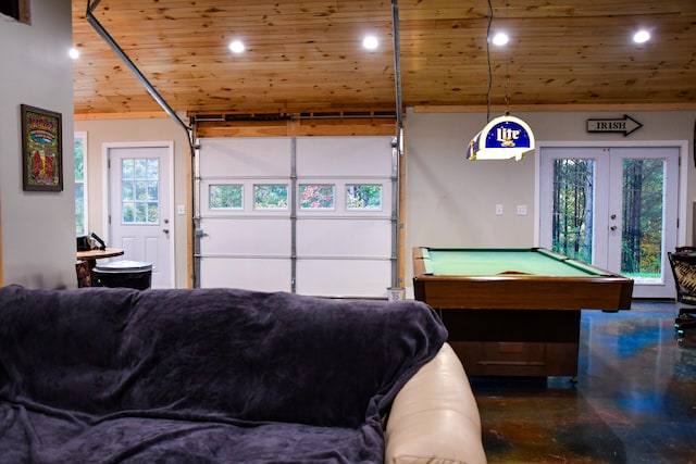 recreation room with wooden ceiling, billiards, and french doors