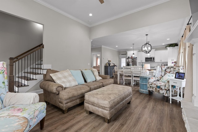 3914 Dogwood Valley Rd, Tunnel Hill, GA 30755 - living area featuring dark wood-style flooring, stairs, recessed lighting, and crown molding