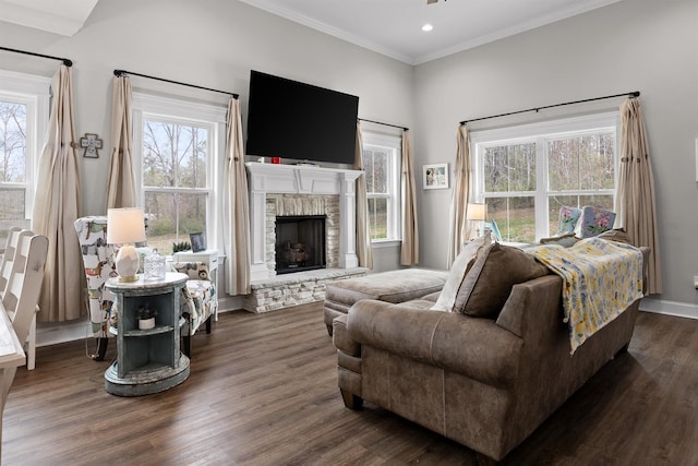 3914 Dogwood Valley Rd, Tunnel Hill, GA 30755 - living room with baseboards, a fireplace, wood finished floors, ornamental molding, and recessed lighting
